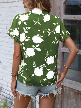 Blusa De Manga Corta Con Estampado Floral Y Dobladillo Irregular Con Volantes Para Mujer