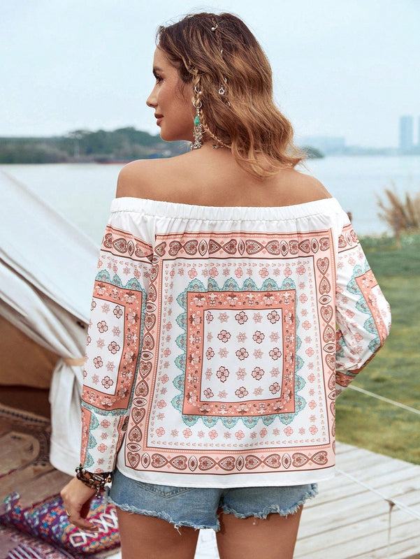 VCAY Camisa Con Hombros Descubiertos Y Diseno Impreso De Ubicacion