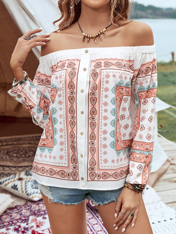 VCAY Camisa Con Hombros Descubiertos Y Diseno Impreso De Ubicacion