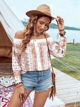 VCAY Camisa Con Hombros Descubiertos Y Diseno Impreso De Ubicacion