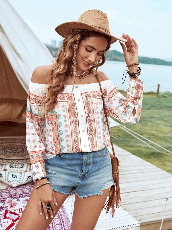 VCAY Camisa Con Hombros Descubiertos Y Diseno Impreso De Ubicacion