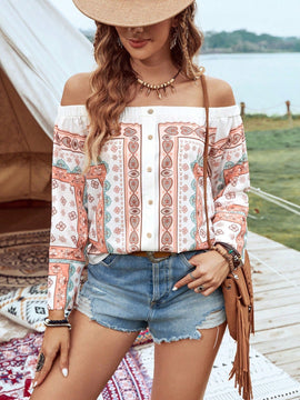 VCAY Camisa Con Hombros Descubiertos Y Diseno Impreso De Ubicacion