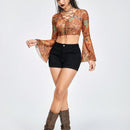 ROMWE Hippie Shorts Vaqueros Bordados Con Diseno De Sol, Luna Y Estrellas Magicas Para Mujer