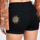 ROMWE Hippie Shorts Vaqueros Bordados Con Diseno De Sol, Luna Y Estrellas Magicas Para Mujer