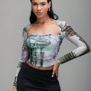 Camiseta De Manga Larga Retro Para Mujer Con Estampado De Malla Y Cuello Cuadrado, Plisada Con Estilo De Alta Calle Para Uso Diario De Primavera
