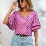 Blusa Con Estampado De Lunares, Cuello En V Y Mangas Con Volantes