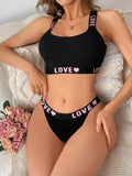 Conjunto De Sujetador Y Braguita Inalambricos Para Mujeres Con Impresion De Letra Y Corazon, Estilo Deportivo Casual Y Comodo