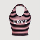 Qutie Top Sin Mangas Con Cuello Halter, Diseno De Rayas Y Letras Para Mujeres