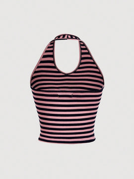 Qutie Top Sin Mangas Con Cuello Halter, Diseno De Rayas Y Letras Para Mujeres