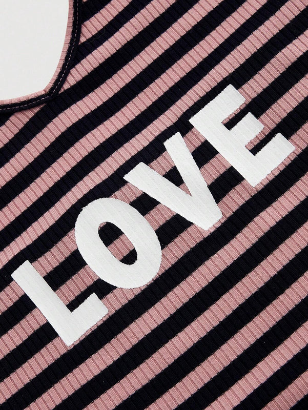 Qutie Top Sin Mangas Con Cuello Halter, Diseno De Rayas Y Letras Para Mujeres