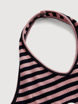 Qutie Top Sin Mangas Con Cuello Halter, Diseno De Rayas Y Letras Para Mujeres
