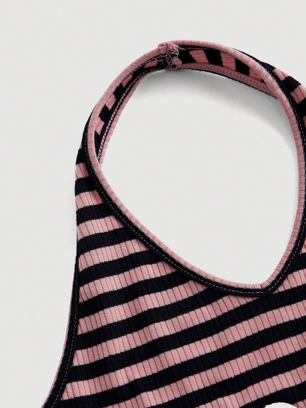 Qutie Top Sin Mangas Con Cuello Halter, Diseno De Rayas Y Letras Para Mujeres