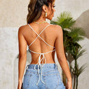 VCAY Top De Cultivo De Verano Para Mujeres En La Playa Con Estampado De Bandana Solido Y Sexy Espalda Descubierta Y Entrelazada Con Encaje