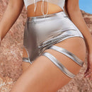 SXY Shorts metalicos plateados para ocasiones festivas con vendaje, estilo ultra corto con huecos