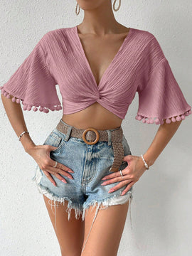VCAY Blusa Recortada Solida Con Mangas Medias Plisadas, Ribete De Borlas Y Nudo Frontal