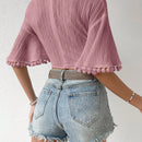 VCAY Blusa Recortada Solida Con Mangas Medias Plisadas, Ribete De Borlas Y Nudo Frontal