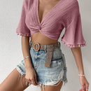 VCAY Blusa Recortada Solida Con Mangas Medias Plisadas, Ribete De Borlas Y Nudo Frontal