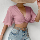 VCAY Blusa Recortada Solida Con Mangas Medias Plisadas, Ribete De Borlas Y Nudo Frontal