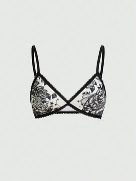 ROMWE Goth Sujetador De Copa Triangular Con Tirantes Contrastantes De Estilo Punk Oscuro Con Bordado De Rosa