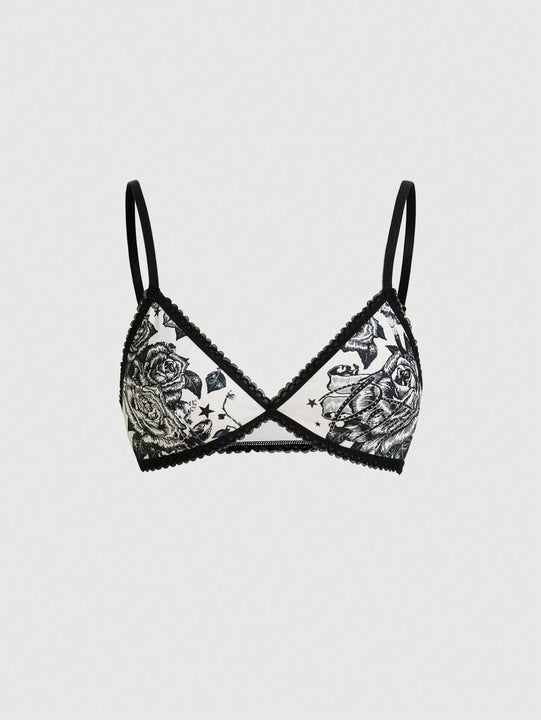 ROMWE Goth Sujetador De Copa Triangular Con Tirantes Contrastantes De Estilo Punk Oscuro Con Bordado De Rosa