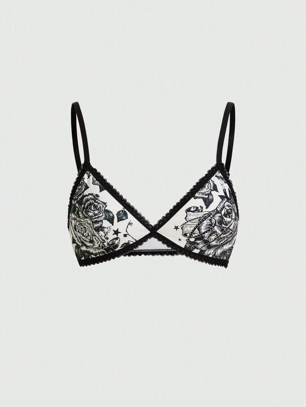 ROMWE Goth Sujetador De Copa Triangular Con Tirantes Contrastantes De Estilo Punk Oscuro Con Bordado De Rosa