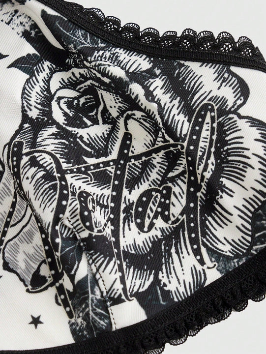 ROMWE Goth Sujetador De Copa Triangular Con Tirantes Contrastantes De Estilo Punk Oscuro Con Bordado De Rosa