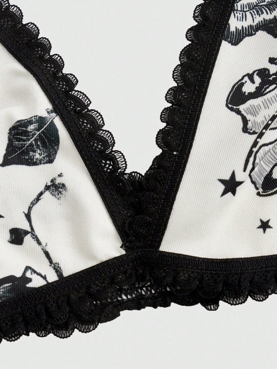 ROMWE Goth Sujetador De Copa Triangular Con Tirantes Contrastantes De Estilo Punk Oscuro Con Bordado De Rosa