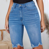 LUNE Pantalones Cortos De Mezclilla Ajustados Lavados Con Agua Con Diseno De Dobladillo Con Volantes