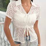 EZwear Blusa De Mujer Con Nudo Delantero De Manga Corta Y Dobladillo Alto Y Bajo