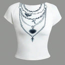 Camiseta Slim Fit De Manga Corta Y Cuello Redondo Con Estampado De Collar De Cadena, Estilo De La Manga Raglan Y Espalda Descubierta