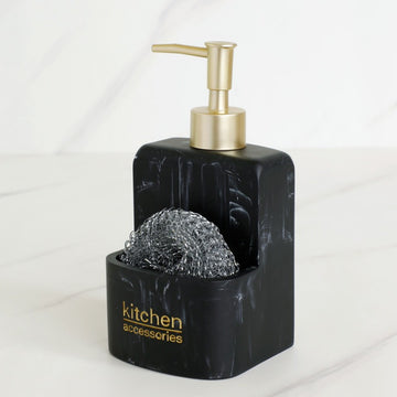 Dispensadores de jabón de cocina de resina con soporte para esponja, moderno y simplista, bomba de jabón líquido de tipo prensa, dispensador de loción, acabado de mármol negro y blanco