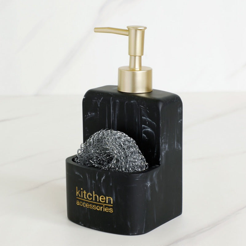 Dispensadores de jabón de cocina de resina con soporte para esponja, moderno y simplista, bomba de jabón líquido de tipo prensa, dispensador de loción, acabado de mármol negro y blanco