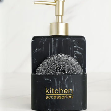 Dispensadores de jabón de cocina de resina con soporte para esponja, moderno y simplista, bomba de jabón líquido de tipo prensa, dispensador de loción, acabado de mármol negro y blanco