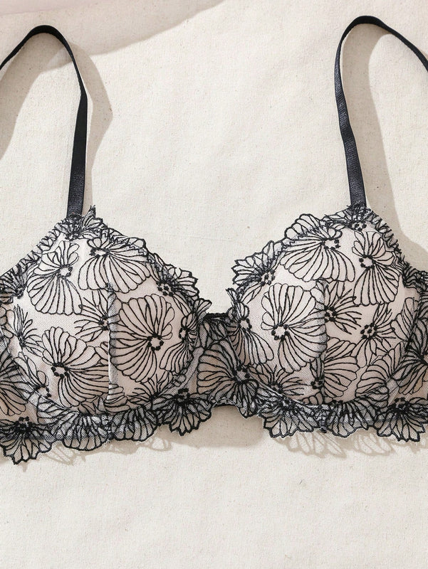 Conjunto De Lenceria De Malla Floral Para Mujer