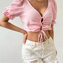 Camisa Corta Para Mujer Con Mangas De Burbujas Y Dobladillo Con Lazo