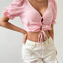 Camisa Corta Para Mujer Con Mangas De Burbujas Y Dobladillo Con Lazo