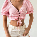 Prive Camisa Corta Para Mujer Con Mangas De Burbujas Y Dobladillo Con Lazo