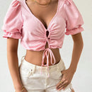 Camisa Corta Para Mujer Con Mangas De Burbujas Y Dobladillo Con Lazo