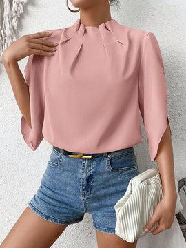 Clasi Camisa De Manga Acampanada Con Cuello Levantado Y De Un Solo Color