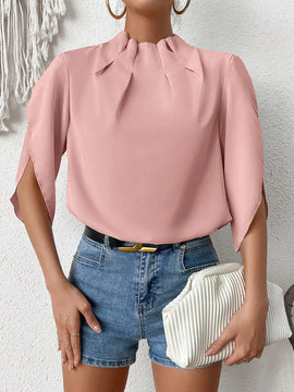 Clasi Camisa De Manga Acampanada Con Cuello Levantado Y De Un Solo Color