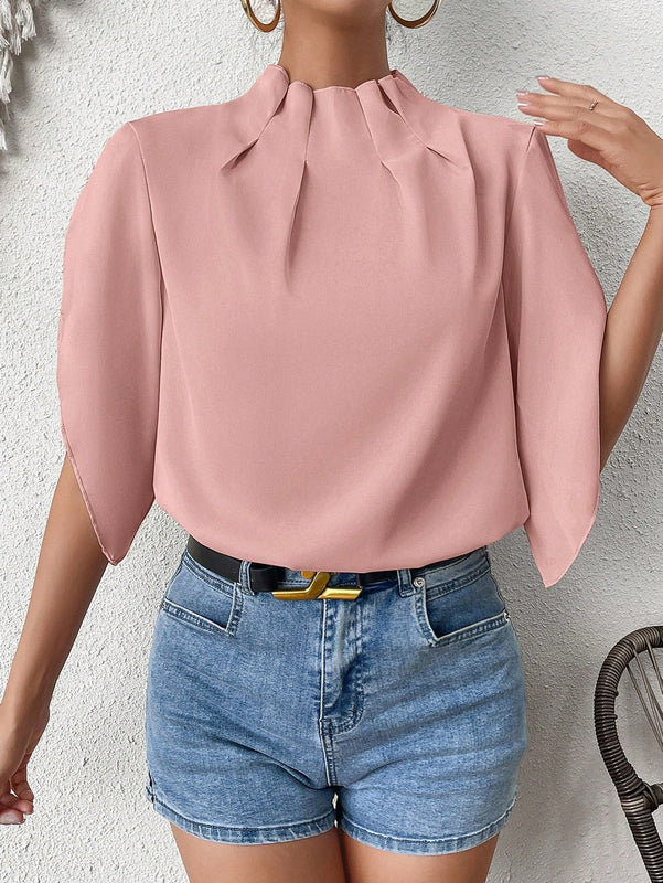 Clasi Camisa De Manga Acampanada Con Cuello Levantado Y De Un Solo Color
