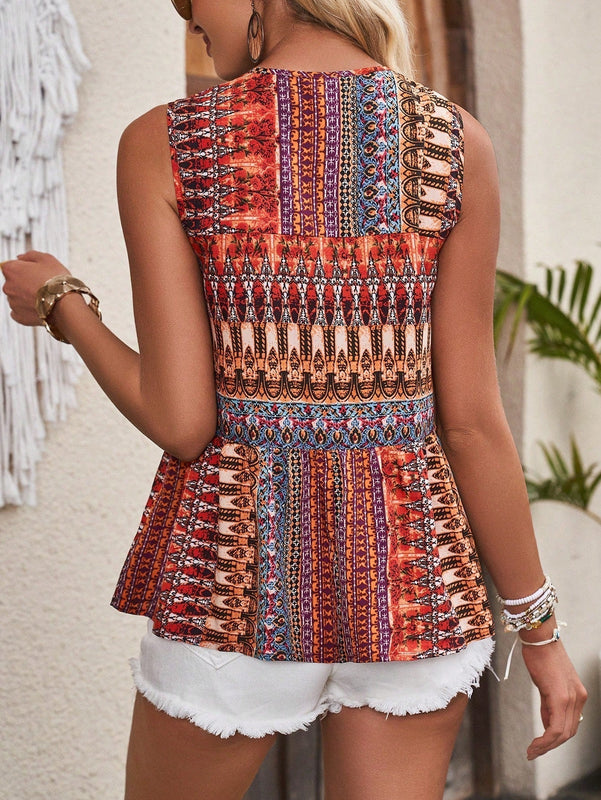 LUNE Blusa Sin Mangas Con Cuello De Lazo Y Estampado Al Azar