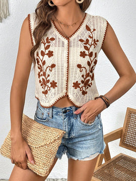 VCAY Chaleco De Jersey Con Botones Y Estampado Floral Para Mujer