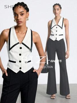 BIZwear Camisa Sin Mangas Para Mujer Con Bloques De Color Y Ribete De Contraste