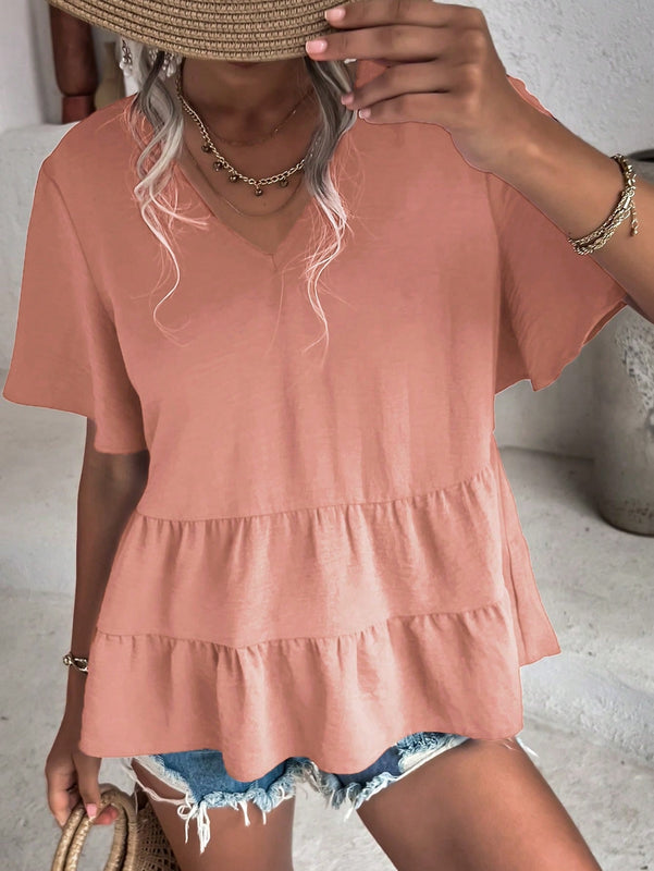 VCAY Camisa Con Cuello En V Y Manga Corta Para Mujer Con Dobladillo Asimetrico Con Volante