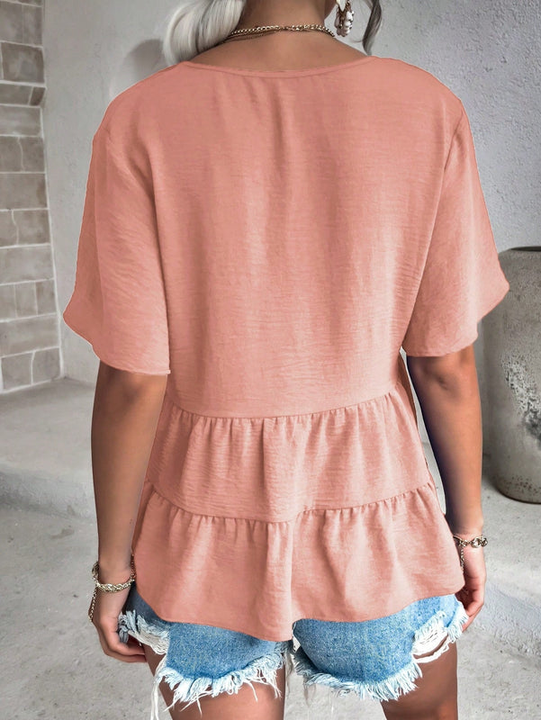 VCAY Camisa Con Cuello En V Y Manga Corta Para Mujer Con Dobladillo Asimetrico Con Volante