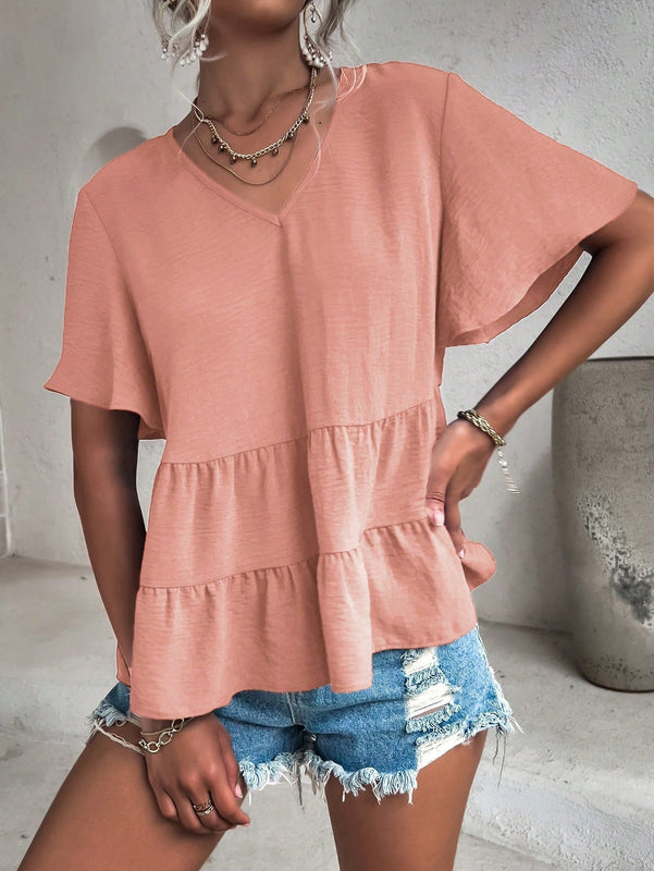 VCAY Camisa Con Cuello En V Y Manga Corta Para Mujer Con Dobladillo Asimetrico Con Volante