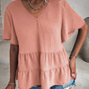 VCAY Camisa Con Cuello En V Y Manga Corta Para Mujer Con Dobladillo Asimetrico Con Volante