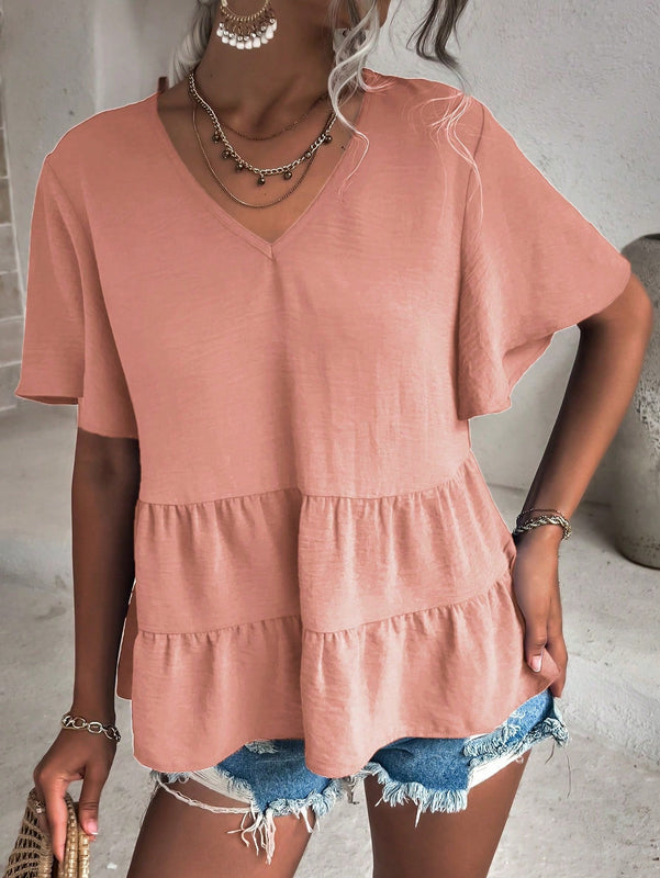 VCAY Camisa Con Cuello En V Y Manga Corta Para Mujer Con Dobladillo Asimetrico Con Volante