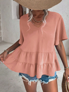 VCAY Camisa Con Cuello En V Y Manga Corta Para Mujer Con Dobladillo Asimetrico Con Volante